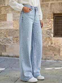 Damen Sommer Sternenhimmel Strass verzierte gerade geschnittene weite Jeans Casual - hellblau - Übersicht 2