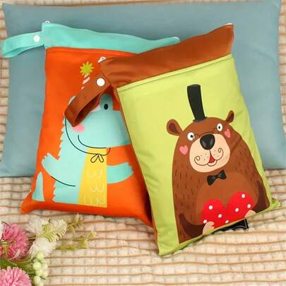 1 pieza Bolsa húmeda y seca con estampado de lindo dinosaurio, zorro y oso - Organizador reutilizable con dos bolsillos con cremallera y asa, ideal para pañales, trajes de baño, equipo de gimnasio y talla grande, organizador de equipo de gimnasio | Diseño alegre | Tela duradera, bolsa de pañales