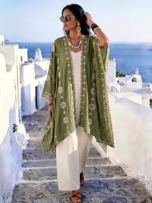 1 chiếc Kimono/Sarong phong cách Bohemian thêu hoa trang nhã, khăn choàng cardigan nhẹ, đa năng, thích hợp mặc đi biển, chống nắng, phụ kiện thời trang, phù hợp mặc hàng ngày và làm quà tặng, đồ dùng cần thiết khi đi nghỉ mát, du lịch. - màu xanh lá - Xem 3