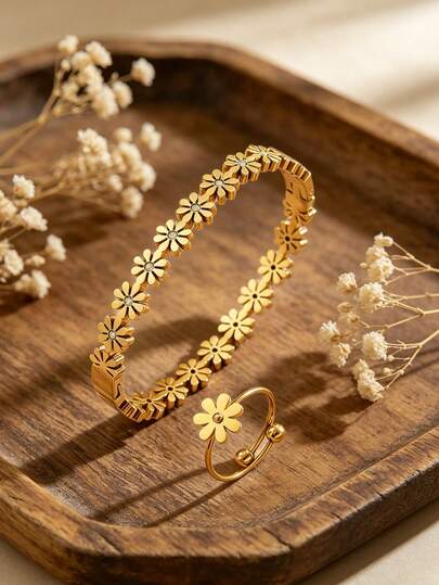 1 Set de joyería de pulsera y anillo de diseño floral minimalista delicado de acero inoxidable, adecuado para el uso diario, el trabajo o el uso al aire libre de las mujeres