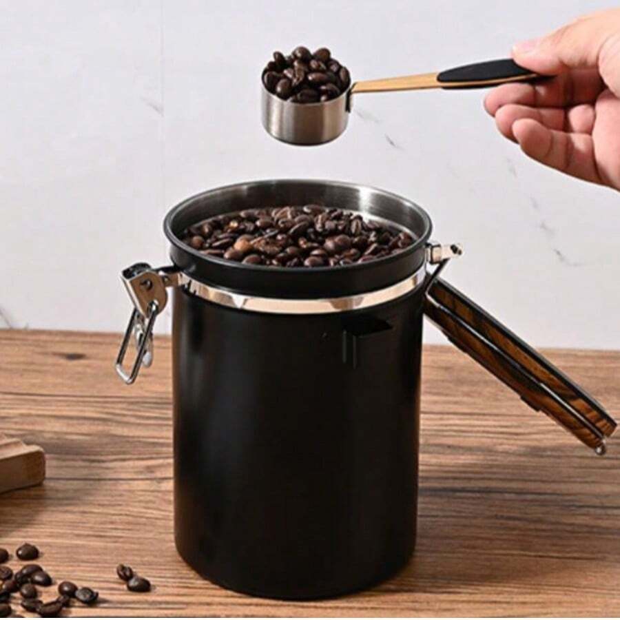Hộp đựng kín khí bằng thép không gỉ 304 có nắp gỗ và van thông hơi, dùng để bảo quản hạt cà phê. - màu đen - Xem 1