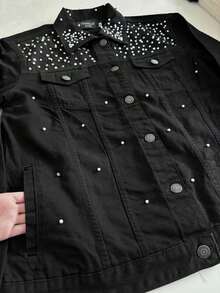pthirillo Women's Black Denim Jacket Maxi Oversized Denim Black Cotton Long Sleeve Premium Street Style Retro Casual Loose Fit With Pockets Cowboy Style Show Pearls | Basic - 珍珠和水鑽 - 查看 8