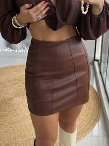 Women' Skirt With Trim Detail, High-Waisted, Fitted, Premium PU Leather - 鏽棕色 - 查看 1