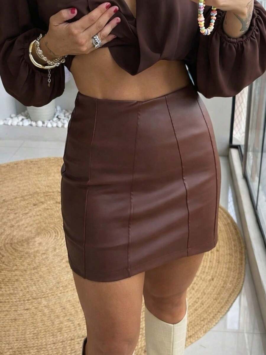 Women' Skirt With Trim Detail, High-Waisted, Fitted, Premium PU Leather - 鏽棕色 - 查看 1