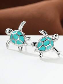 1 Pair Creative Turtle Earrings, Fashionable Ocean Style Earrings, Versatile For Daily Wear, Party, Vacation - Mint Blue - View 3