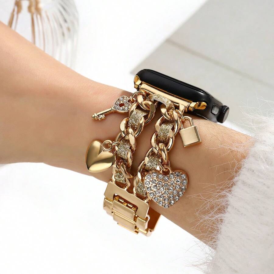 1 chiếc dây đeo hình trái tim lấp lánh bằng kim loại, phù hợp với kích thước 38/40/41/42/44/45/49mm, tương thích với Apple Watch Ultra/SE/8/7/6/5/4/3/2/1 (Không bao gồm đồng hồ) - Vàng - Xem 1