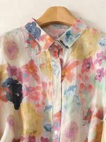 Camisa de mujer con estampado floral de manga larga con cuello y botones delanteros - Ropa para vacaciones románticas, adecuada para primavera, verano, otoño e invierno - Naranja - Ver 11