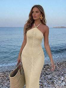 Vestido de tirantes con decoración de perlas falsas para mujer, vestido holgado con cordones azules, vestido lápiz de estilo bohemio.Adecuado para salidas a la playa, vacaciones casuales, festivales de música, fiestas en la playa y eventos de cóctel en verano - Albaricoque - Ver 8
