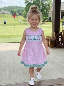 Vestido de tirantes para bebé niña, moderno, con bordado de golf, sin mangas, cuello redondo y estampado a cuadros. - Rosa - Ver 3