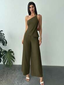 Conjunto dos piezas  2026 para mujer top asimétrico de hombro y pantalones holgados color verde oliva elegante ideal para uso diario y salidas - Gris Oscuro - Ver 11