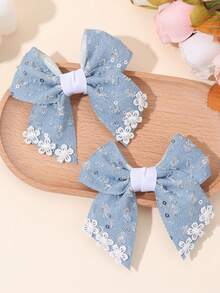 2PCS Blue Hair Bows For Girls White Flower Bow Hair Clips White Edged Bow Alligator Clips Sweet Vintage Style Bow Hair Barrettes For Daily & Party Teens Hair Accessories - Blue - View 1