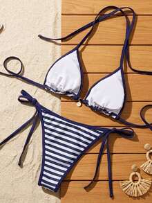 Swim Mod Conjunto de bikini de triángulo con copa sólida para mujer, traje de baño sexy de dos piezas con lazos - Azul marino 2 - Ver 2