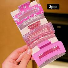 1/2/3/4pcs Women Glitter Hair Clips, Fashionable Cute Football Pattern Square Hair Clips, Suitable For Daily And Holiday Use, Sports Style Hair Accessories, Women Gift, Summer Beach Hair Clips Beach Claw Clips - Hot Pink - View 2