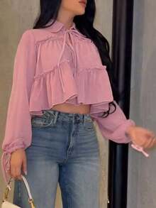 Camisa elegante y casual para mujer, diseño asimétrico, manga farol con lazo en el cuello, tela tejida de unicolor con bajo plisado, elegante para uso diario, citas, vacaciones, primavera/verano en color blanco - Rosa - Ver 7