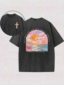 Tops230g Washed, A Beautiful Day Starts From The Morning Sun Printed T-Shirt, High-Quality Wax Printed Cotton Retro Fashion Brand T-Shirt, Beach Essen - 黑色 - 查看 11