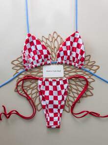 Bộ bikini 2 mảnh kẻ caro gợi cảm buộc dây phía sau, thích hợp cho mùa xuân/hè, đi biển, biểu diễn sân khấu, tiệc tùng và kỳ nghỉ. - Đỏ và trắng - Xem 3