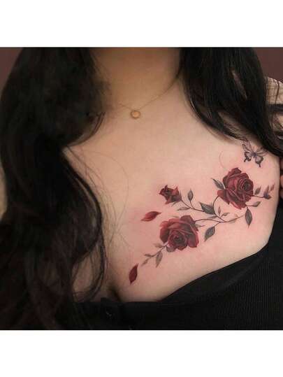 6pcs Rose Flower & Butterfly Temporary Tattoo Stickers, Waterproof Long-Lasting Chest Tattoo Designs For Women