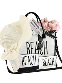 The Beach Tote Bag Set, Unique "Beach"Design, Simple Large-Capacity Shoulder Bag With A Portable Cosmetic Bag - Multicolor - View 12
