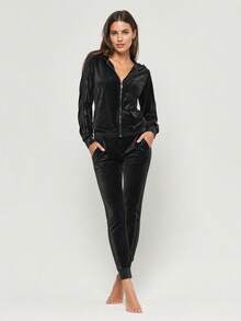Black Velvet Tracksuit For Women, Zipped Sweatshirt, Fixed Hood, Zipper, With Drawstrings, 2 Pockets, Sweatpants, Loose And Very Comfortable, Elastic Waist, 2 Pockets, Sporty - Black - View 1