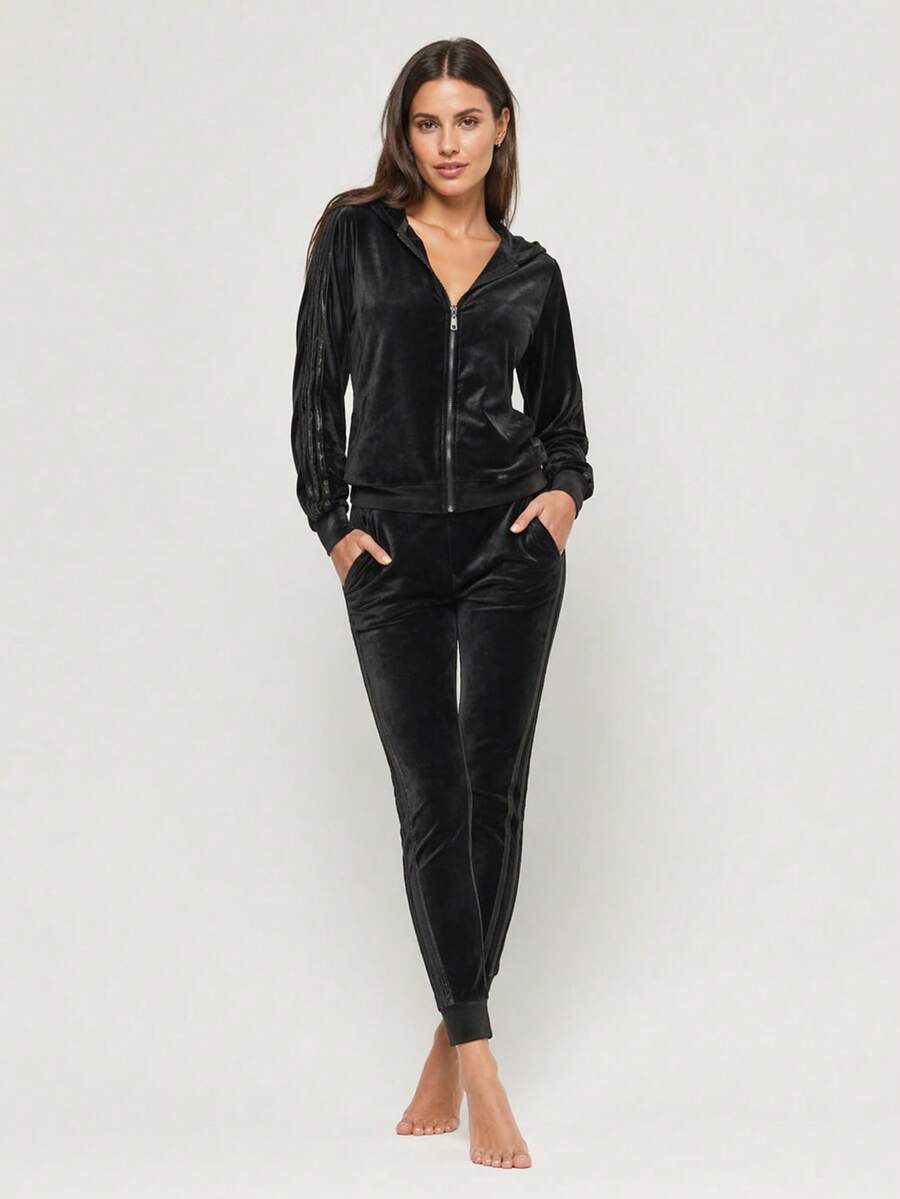 Black Velvet Tracksuit For Women, Zipped Sweatshirt, Fixed Hood, Zipper, With Drawstrings, 2 Pockets, Sweatpants, Loose And Very Comfortable, Elastic Waist, 2 Pockets, Sporty - Black - View 1