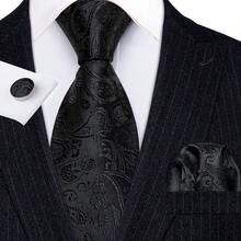 Bộ 3 món dành cho nam giới, gồm cà vạt rộng 8cm màu đen họa tiết Paisley, khăn cài túi và khuy măng sét, bộ cà vạt công sở cổ điển chất lượng cao, thích hợp làm quà tặng đám cưới, Giáng sinh, tiệc tùng. - màu đen - Xem 2