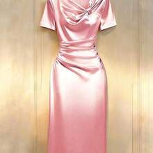 Women's Elegant Twist Design Short Sleeve Dress, Suitable For Daily Commute And Dates Satin Dress Elegant Women Dresses Champagne Classy Dress Solid Color Dress Silk Dresses Summer,Summer Dress ,Summer Holiday Outfits,Spring, Spring Outfit Women, Valentine's Day,Valentines Day Outfit,Carnival,Carnival Women,Beach,Beach Dress,Beach Dress,Wedding,Birthday,Birthday Dress,Gym,Going Out, Elegant, Elegant Dresses For Women,Vacation,Casual,Y2k,Graduation Season Attire, Fashionable Casual Commu - Rosa - Ver 1