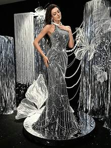 Đầm dạ hội sang trọng đính sequin kiểu nữ thần quyến rũ LUVISTRUE dành cho nữ, thích hợp cho dạ hội, tiệc gala, thảm đỏ, tiệc sinh nhật, lễ trao giải - Màu trơn, dây mảnh, dáng đuôi cá. - màu đen - Xem 4