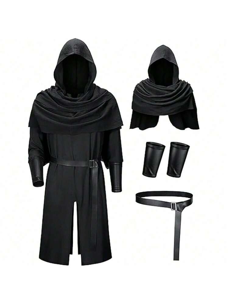 Men Cosplay Clothing - 黑色(長袍+披肩+皮護臂+腰帶) - 查看 3