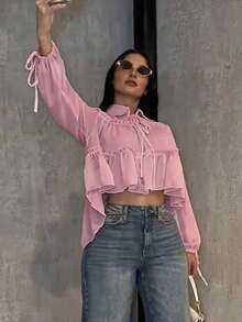 Camisa elegante y casual para mujer, diseño asimétrico, manga farol con lazo en el cuello, tela tejida de unicolor con bajo plisado, elegante para uso diario, citas, vacaciones, primavera/verano en color blanco - Rosa - Ver 8