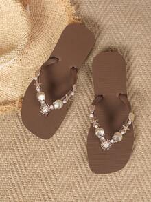 Evertop Surf Women's Fashion Flip Flops With Metal Shell, Star, Pearl, Rhinestone Chain, Soft Sole Beach Sandals For Summer Vacation - Coffee Brown - View 1