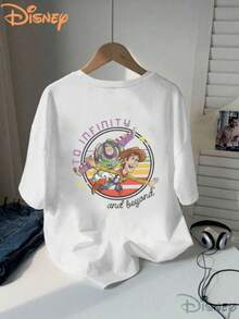 Disney "TO INFINITY And Beyond" Linkage Printed Ladies' T-Shirts | Woody And Buzz Lightyear Flying Prints, Toy Story Series, Soft, Not Easy To Deform, Essential For Spring And Summer, Comfortable And Skin-Friendly Fashion Tops - trắng - Xem 2