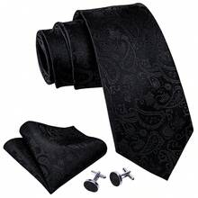 Bộ 3 món dành cho nam giới, gồm cà vạt rộng 8cm màu đen họa tiết Paisley, khăn cài túi và khuy măng sét, bộ cà vạt công sở cổ điển chất lượng cao, thích hợp làm quà tặng đám cưới, Giáng sinh, tiệc tùng. - màu đen - Xem 4
