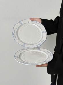 1pc/2pcs Vintage French Blue Floral Embossed Ceramic Plate, Dessert Plate, Western Dinner Plate, Steak & Pasta Plate, Fruit Salad Plate, Cake Plate, Household Dining Plate, Holiday Gift For Family And Friends - Multicolor - View 3