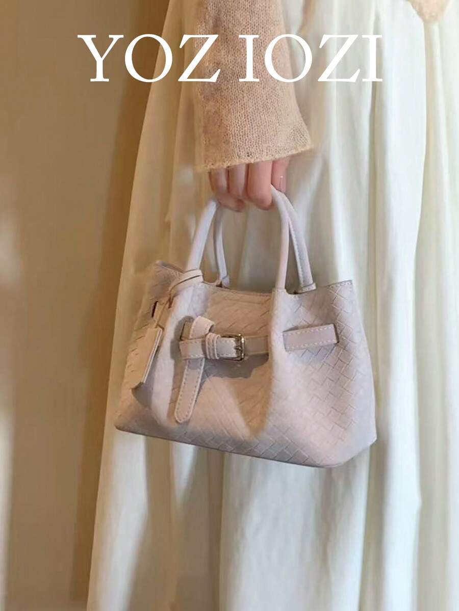 Korean Niche Design Ins Style Handbag, Faux Woven Texture Bag, Tote Bag, Versatile For Commuting, Outing, Daily Shopping, Handheld & Shoulder Carry - Mauve Purple - View 1