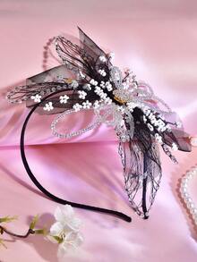 1pc Elegant Black Mesh Bow Rhinestone Beaded Headband, Princess Style, Suitable For Bride, Wedding, Celebration, Party, School, Casual Wear - Black - View 6