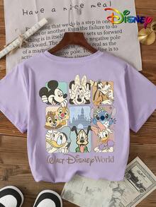 Disney Official Licensed Double-Sided Print T-Shirt For Girls, Adorable Character Collage With Mickey, Minnie, Donald, Daisy, Goofy, Pluto, Stitch, Chip 'n' Dale, Fun Fashionable Design, Lightweight Skin-Friendly Versatile Tee For Playdates And Family Outings - 淡紫色 - 查看 2
