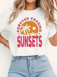 TopsChasing Sunsets: "Summer Dreams" Letter Print T-Shirt, Casual Short-Sleeved, Round-Neck Top For Summer And Spring, Women's Clothing. - White - View 6