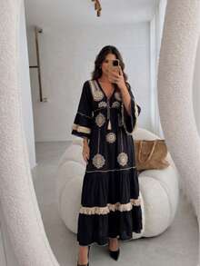 MIA BRAZIL Long Richelieu Embroidered Dress With Tassel - 6005 - 黑色 - 查看 3