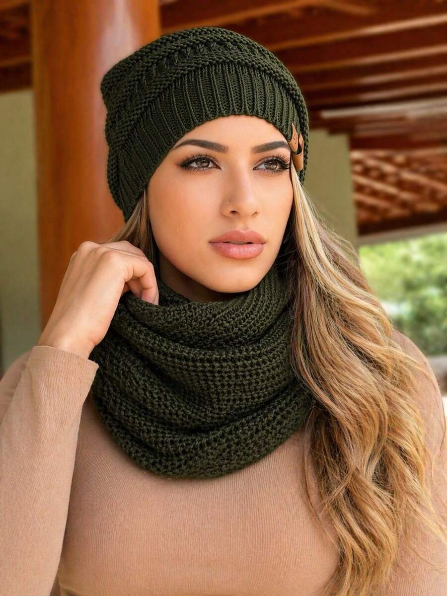 Unisex Set: Beanie And Scarf, Soft Wool Infinity Knit, Winter , Fashion - Verde Oliva - Ver 1