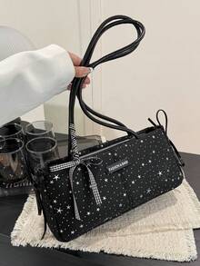 1个黑色星形印花尼龙单肩包，饰有格子缎带，拉链封口，休闲Y2K风格，长方形手提包，适合日常通勤、上学和街头穿着。 - 黑色 - 查看 4