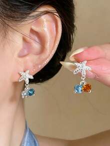 1 Đôi bông tai mặt dây chuyền hình sao biển thanh lịch, thích hợp cho nữ giới đeo hàng ngày, hẹn hò, đi nghỉ mát, là món quà tuyệt vời dành cho người thân yêu. - Bạc - Xem 1