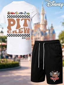 Disney Cars "Pit Crew" Brown 2-Piece Outfit, Summer T-Shirt & Summer Shorts Set, Tow Mater Racing Graphic, Casual Summer Matching Set For Fans - 白色 - 查看 2