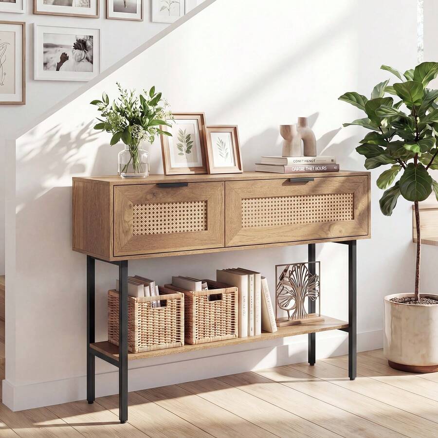 COSTWAY Rattan Console Table, Boho Entryway Table With Flip Doors & Open Storage Shelf, Freestanding Sofa Table With Heavy-Duty Metal Frame For Living Room Foyer Entrance Area, Black/Natural - Apricot - View 1
