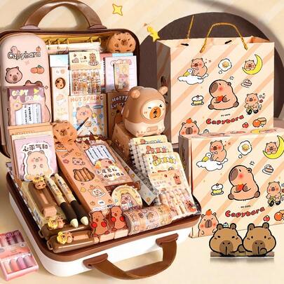 1 Set Fluffy Capybara Stationery Gift Set, Large Capacity Multi-Functional School/Office Supplies Including Notebook, Pen, Correction Tape, Cute Cartoon Animal Theme, Random Style, Suitable For Students, Office, Diary, Birthday & Holiday Gifts
