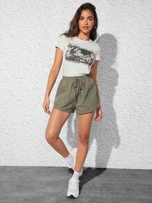 2 Paquetes de Pantalones cortos con cintura elástica sólida, cintura con lazo y bolsillos en diagonal - Verde Oliva - Ver 8