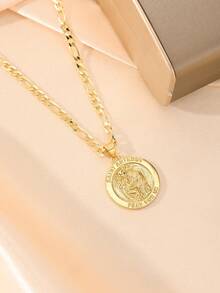 1pc 14K Gold Plated Copper Vintage Style Catholic Saint Anthony Necklace, Saint Anthony Pendant Engraved With "Saint Anthony Pray For Us", Restoring Classic Religious Elements, Symbolizing Faith Protection And Spiritual Comfort, Suitable For Men And Women Daily Wear, Commuting, Church, Prayer And Other Occasions, Can Be Paired With Casual Or Formal Attire To Show Solemn Texture. - Yellow Gold - View 4