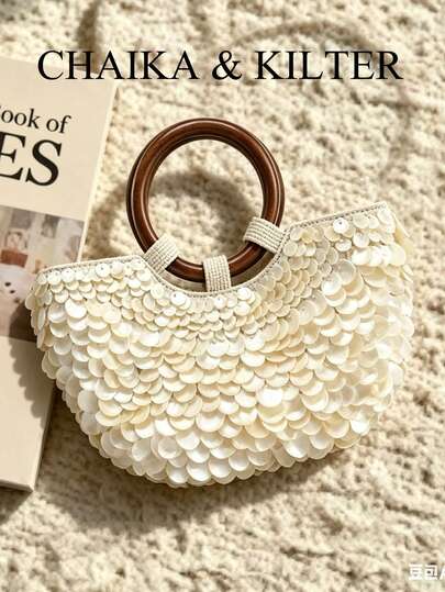Chiếc túi xách dệt thời trang này được trang trí bằng sequin lấp lánh và có quai xách bằng vòng gỗ, thích hợp cho các buổi tiệc tối, kỳ nghỉ, du lịch, mua sắm hoặc các dịp khác.