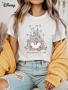 Disney Women's T-Shirt Print Of "Floral Castle And Mickey Elements". A Dreamy Flower - Decorated Castle, Full Of The Joyful Atmosphere Of The Park, Print For Summer Fashionable Short - Sleeved Tops. - trắng - Xem 1