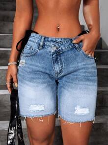 Women's Summer Washed Denim Shorts, Distressed Fringe Asymmetric Waist Design, Casual Streetwear Style, Y2K Sexy Look, Suitable For Dates, Beach And Daily Wear - Blue - View 3