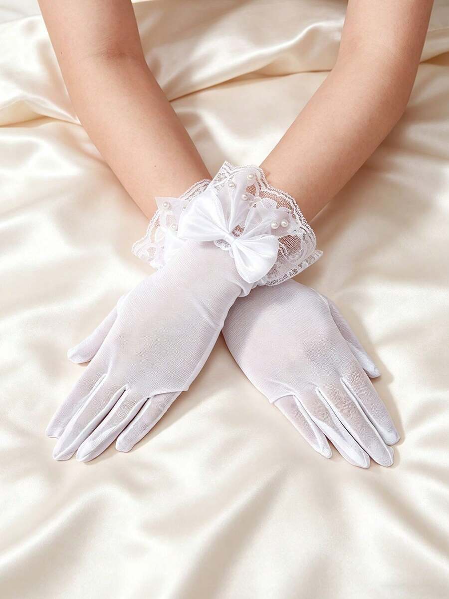 1双时尚迷人白色蕾丝手套,薄款新娘蝴蝶结蕾丝手套,全指手套,适合婚礼、宴会和特殊场合,透气网眼,夏季防晒手套,节日、派对等场合适用。 - 白色 - 查看 1